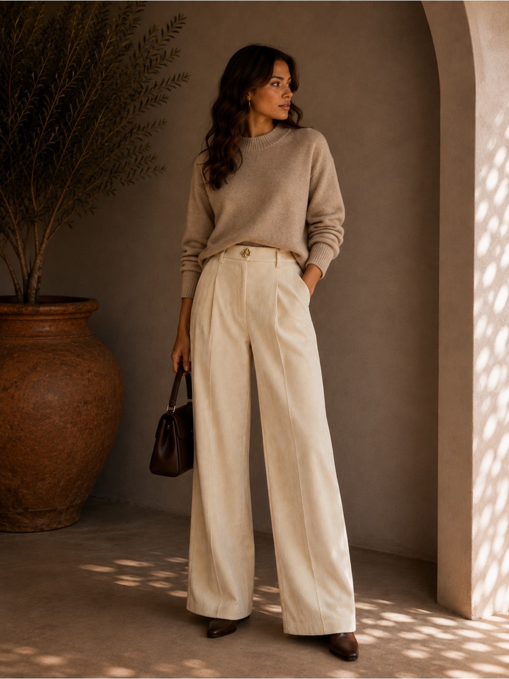 Commense Apricot Corduroy Wide Leg Pleated Pants XS | 70s Fall Trousers